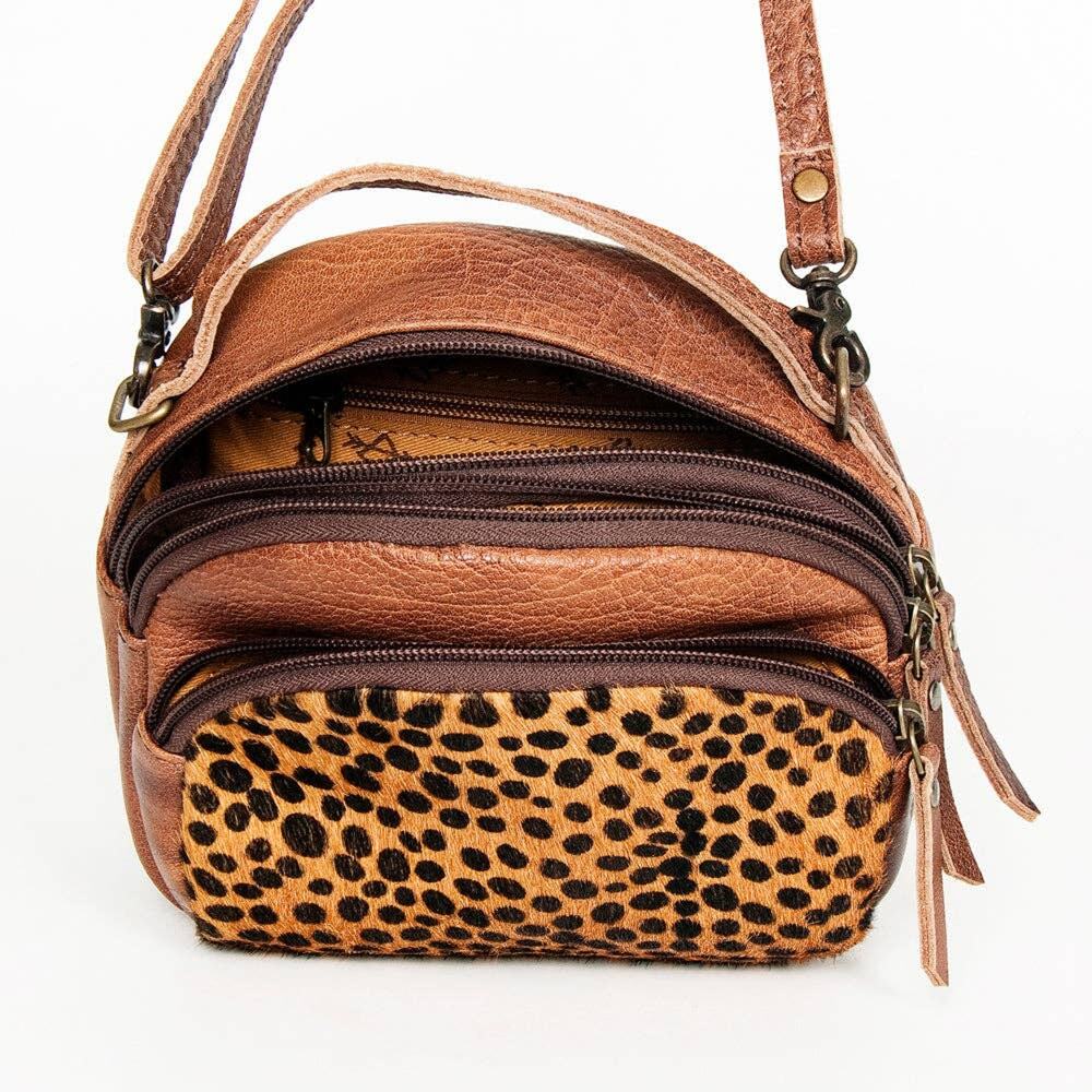 American Darling Brown Leather Crossbody Bag with Leopard Print Front - Picture 3 of 13